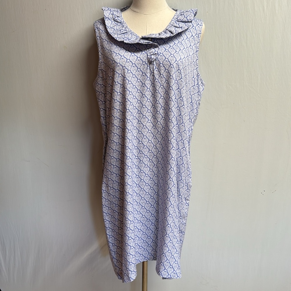 Simply Noelle Blue & White Ruffle Neck Dress Size Large